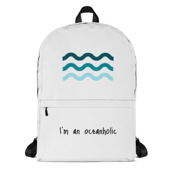 Rucksack "I'm an oceanholic" – stilvoller und praktischer Rucksack, robustes Polyester, wasserabweisend, mit Laptopfach und ergonomischen Gurten im Wellenmuster-Design. Ideal für Meerliebhaber.