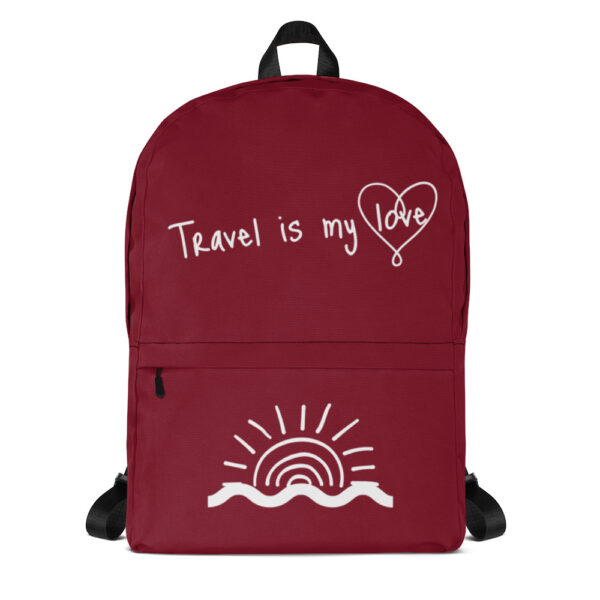 Reiserucksack "Travel is my love" – stilvolles Design, robustes Polyester, wasserabweisend, mit Laptopfach und ergonomischen Gurten. Perfekt für Reisen.