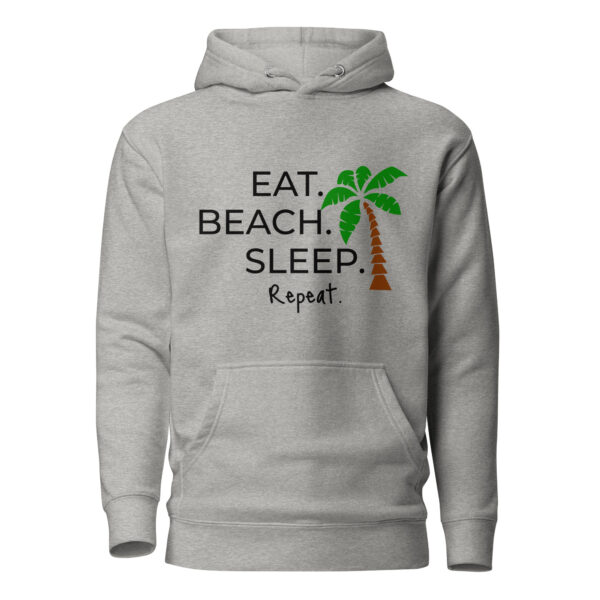 Unisex Kapuzenpullover "Eat. Sleep. Beach. Repeat." – grauer Hoodie mit graphic Palme und coolem Schriftzug für Strandliebhaber.