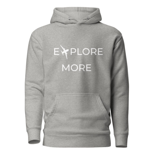 Unisex Kapuzenpullover "Explore More" – grauer Hoodie für Weltentdecker mit inspirierendem Schriftzug.