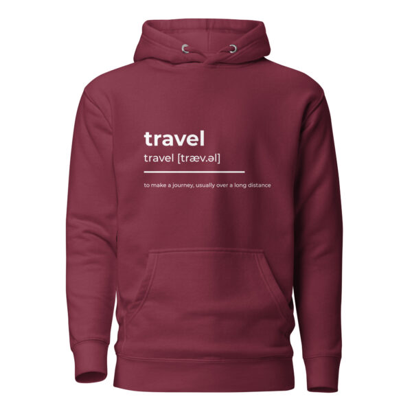 Travel Hoodie – burgunderroter Unisex Kapuzenpullover mit inspirierendem Design und Travel-Schriftzug.