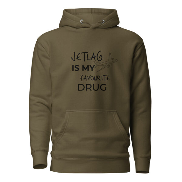 Unisex Kapuzenpullover "Jetlag is my Favourite Drug" – brauner Jetlag Hoodie mit inspirierendem Schriftzug und Flugzeugmotiv.