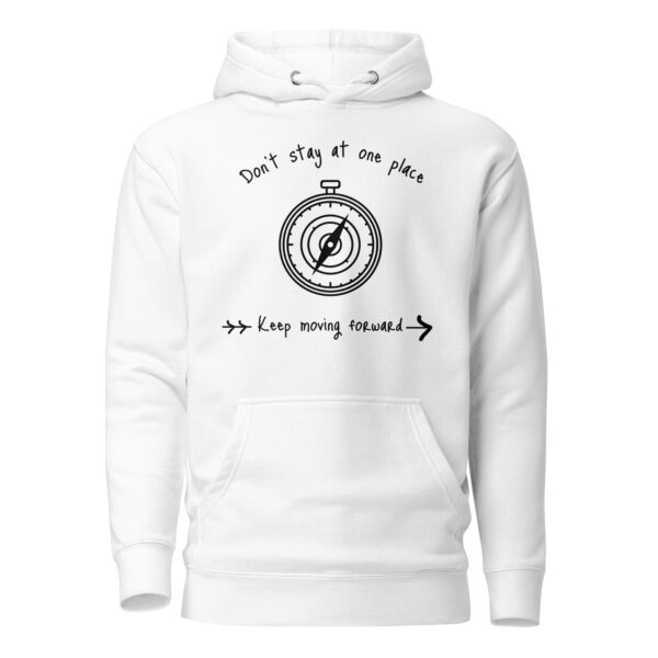 Unisex Kapuzenpullover "Don’t Stay at One Place" – weißer Reise Hoodie mit Kompassmotiv und inspirierendem Schriftzug.