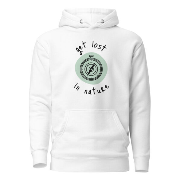 natur und mode -Unisex Kapuzenpullover "Get Lost in Nature" – weißer Hoodie mit Kompassmotiv und inspirierendem Schriftzug für Naturliebhaber.